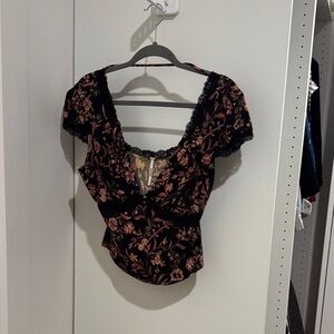 Free People Black and Pink Floral Blouse